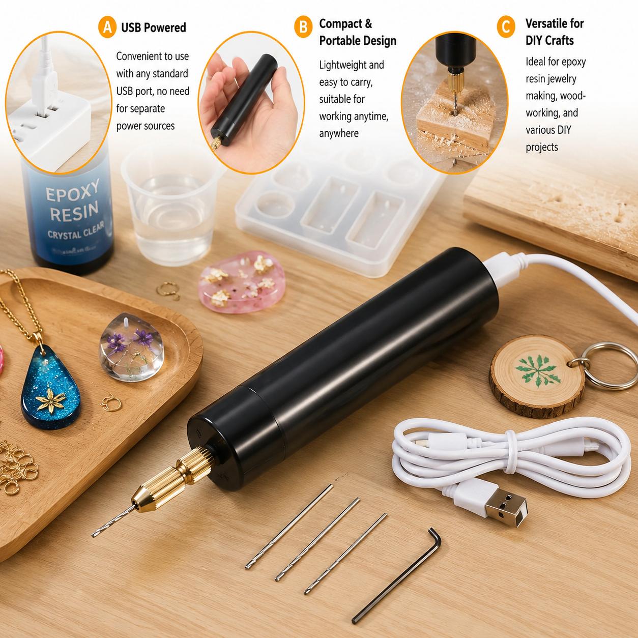 Woodworking Epoxy - Mini elektrische boormachine USB-aangedreven draagbare roterende